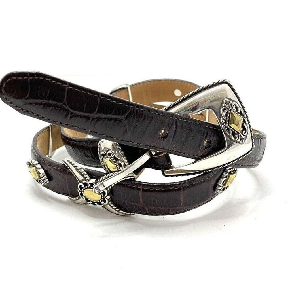 Brighton Belt #40388 Brown Leather Silver Gold Buckle Croc Embossed Size 30 Med